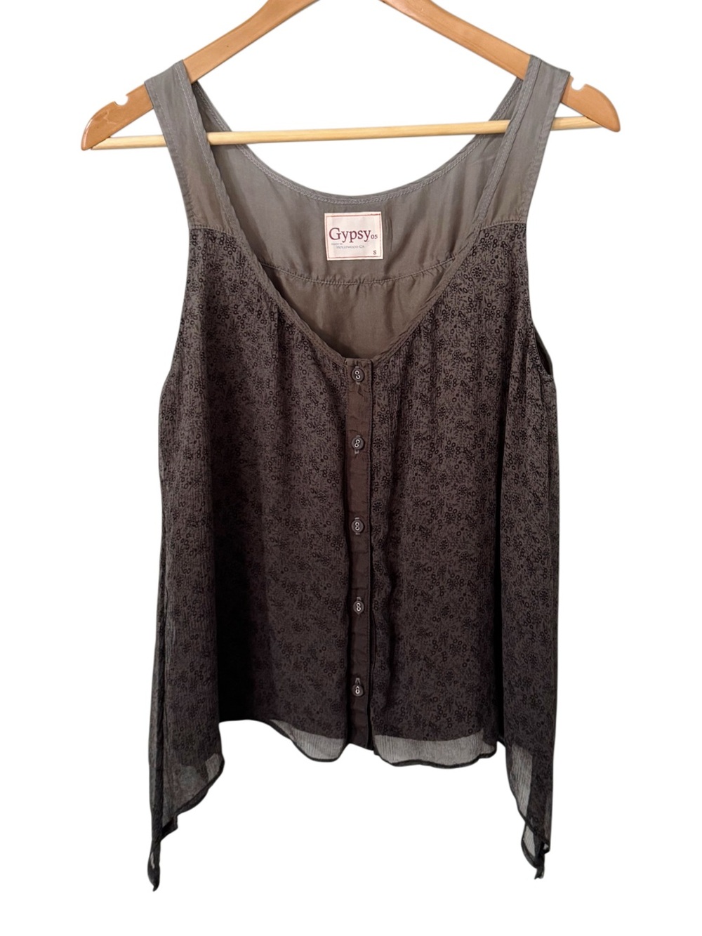 Gypsy 05 Gray Bohemian Floral Print Button-Front Sleeveless 100% Silk Cami Top